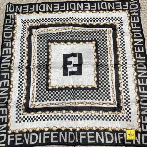 Fazzoletto sciarpa cotone fantasia catena e quadri Fendi bianco e nero 44 cm nuovo