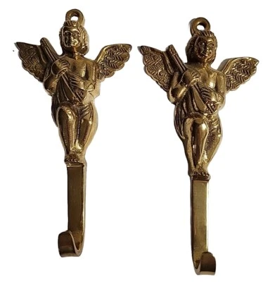 Lote de 2 ganchos de pared decorativos querubín de latón macizo para llaves de ángel hechos en la India Foto 1 de 4