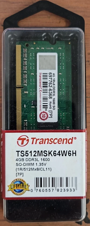 4 PZ. MEMORIE RAM TRANSCEND 4GB DDR3L 4GB 1RX8 PC3L 1600MHZ 1.35V SODIMM - Immagine 1 di 1