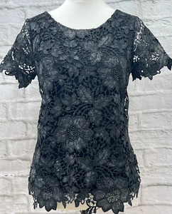Oasis Blouse Black Silver Size S Fits 8 Sparkly Lace Short Sleeve Top Whimsygoth - Picture 1 of 11