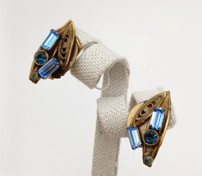 ORECCHINI CLIP ANNI '50/60 OTTONE FILIGRANA CON CRISTALLI AZZURRI - Immagine 1 di 4