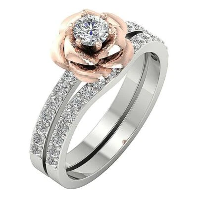 Flower Bridal Engagement Round Diamond Ring I1 G 1.05 Ct Two-Tone Gold Prong Set - Image 1 of 4