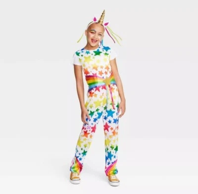 Kid's Rainbow Stars Unicorn Halloween Costume Jumpsuit Headband 6-7 Small New - Image 1 of 4