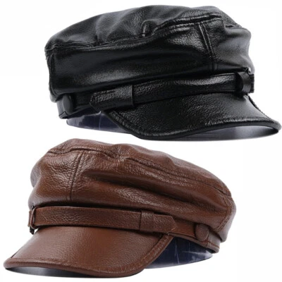 Men Women Newsboy Peaked Cap Biker Pu Leather Beret Cabbie Hat Flat Gatsby - Image 1 of 4