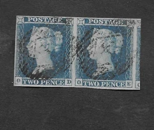 GB 1841 QUEEN VICTORIA 2d BLUE IMPERF JOINED PAIR VGU SG 14 SMALL CROWN WMK. - Picture 1 of 2