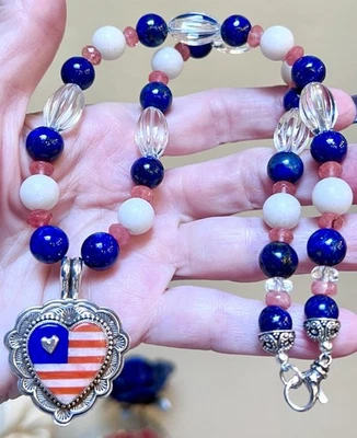 WONDERFUL Sterling Silver Lapis, Crystal, Cherry Quartz Heart/Flag Necklace - Image 1 of 4