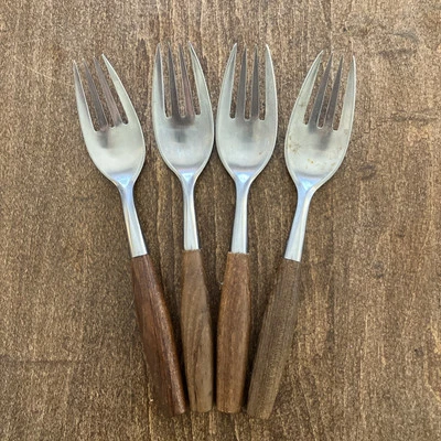 Set of 4 Vtg Dansk Design FJORD IHQ Germany Teak Handle Dinner Forks - Image 1 of 4
