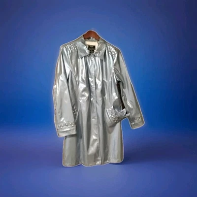 Shiney Blue Dennis Basso PVC raincoat Jacket w/silver trim and hood Medium - Image 1 of 4