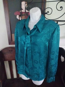 BLUSA FLORAL VINTAGE LAUREN LEE LAZO BUFANDA CUELLO TALLA 12 AZUL VERDE AZULADO SEDOSO LAVABLE - Imagen 1 de 5