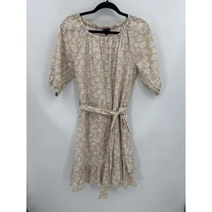 Saks Fifth Avenue Tan/Ivory Floral Linen Belted Dress Size Medium NWT - Picture 1 of 4