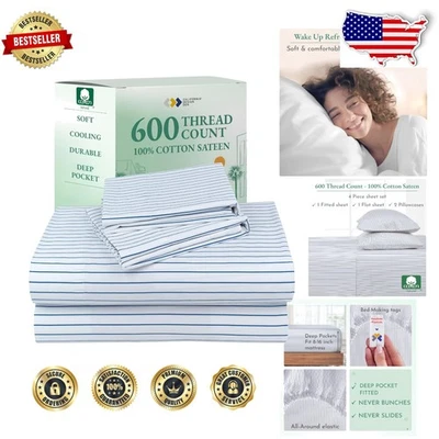 Juego de cama Queen 600 TC algodón satén lujo azul rayas bolsillo profundo Foto 1 de 4