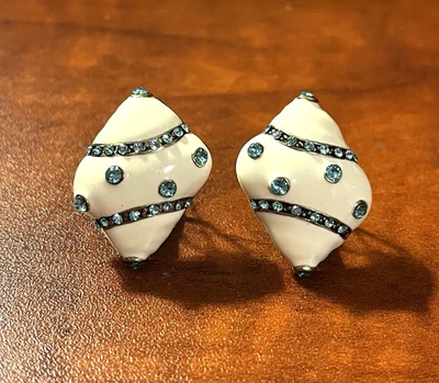 Heidi Daus Crystal Seashell Pierced Earrings Blue Crystals Ivory Enamel - Image 1 of 4