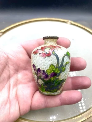 Antique Japanese Ginbari Cloisonné Vase 2.5” Floral & Gold Theme - Image 1 of 4