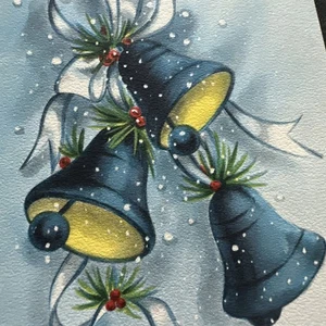 Tarjeta de Navidad de Colección Mcm Campanas Azul Cinta de Nieve Arco Sello Años 50 - Imagen 1 de 5