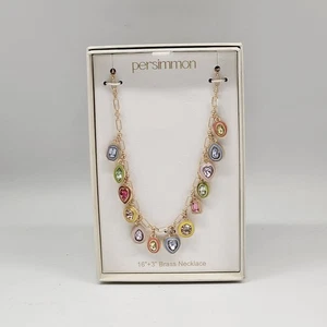 Persimmon Multicolor Pastel Enamel Glass Charm Gold Brass Necklace 16″ + 3″ - Picture 1 of 3
