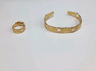 Vintage Garland Textured Oneida Spoon Gold Tone Cuff Bangle Bracelet And Ring 6 - Изображение 1 из 4