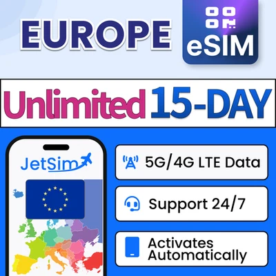Europe eSIM (15 Days), Unlimited High-Speed Data, JetSim Travel 33 EU Countries - Image 1 of 4