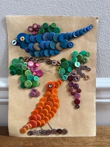 VINTAGE BUTTON ART BIRDS ON TREE HANDMADE MIXED MEDIA COLLAGE MCM FOLK ART - Picture 1 of 7