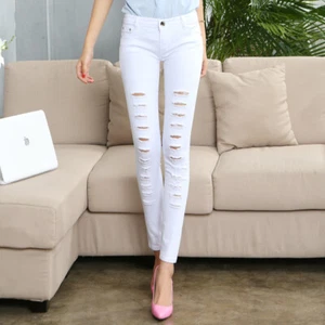 Spring and Summer Female Solid Color Ripped Small Feet Slim Fit Denim Trousers - Picture 1 of 26