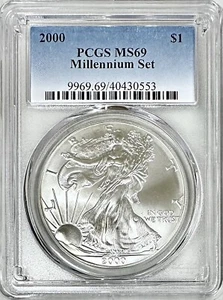2000 AMERICAN SILVER EAGLE PCGS MS69 FROM THE MILLENNIUM SET BLUE LABEL - Picture 1 of 2
