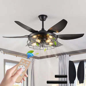 52" Black Caged Ceiling Fan Light Farmhouse Flush Mount with Remote Control kit - Picture 1 of 11