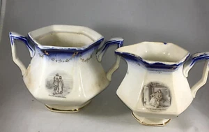 Antq Sterling China Sugar Bowl & Creamer Courtship of Miles Standish  1910 RARER - Picture 1 of 12