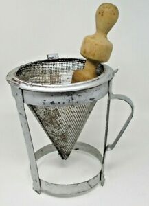 Vintage Tin Metal Canning Cone Colander Sieve Strainer w/Stand & Wood Pestle (2)