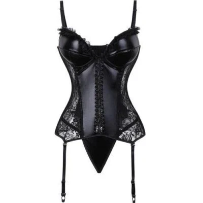 Corsé de encaje gótico negro brillante para mujer sujetador de cuero sintético lencería bustier plus  Foto 1 de 4