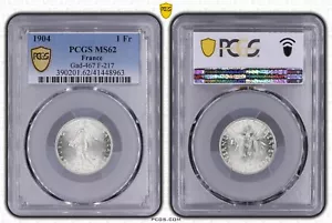 Francia 1 Franc Semeuse 1904 Plata PCGS MS62 Gad.467 F. 217 Moneda Francesa - Picture 1 of 2