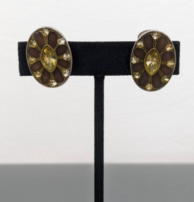 Retro Rhinestone Oval Brown Marquise Clip On Earrings - Image 1 of 4
