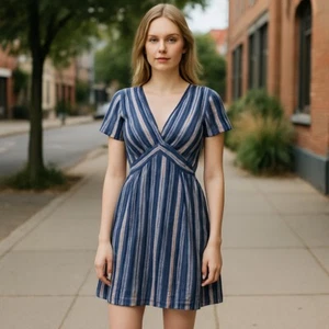 Banana Republic Women's Size Small Short Sleeve Stripe Back Zip Purple Sundress - Picture 1 of 6