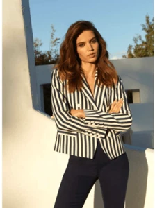 SALE L'Agence Brooke Zweireiher Cropped Blazer Navy Ecru Streifen 4 - Bild 1 von 4