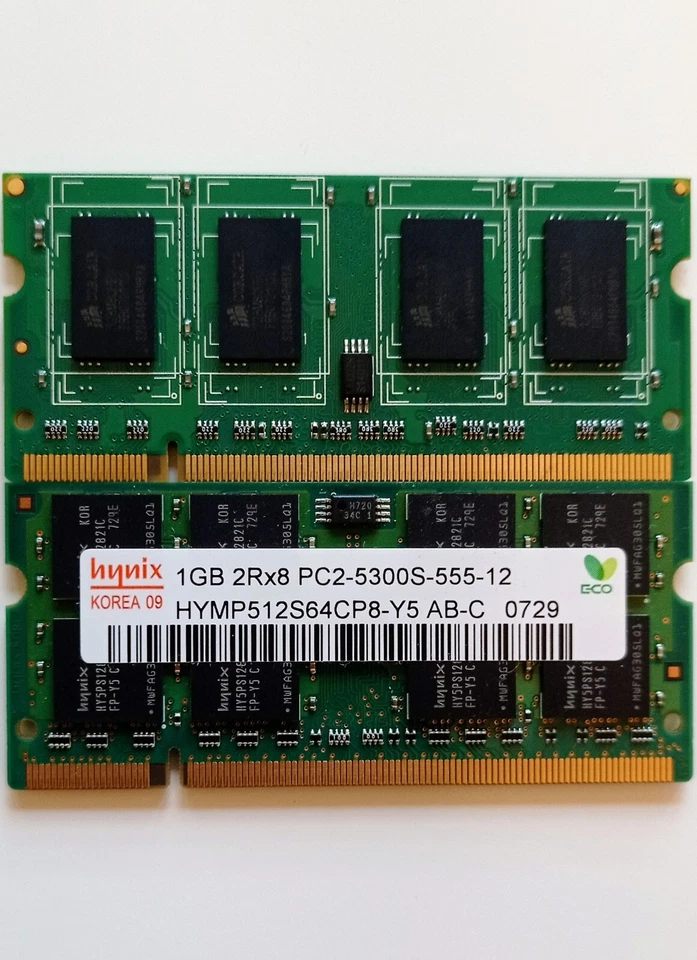 2 x Hynix 1GB 2Rx8 PC2-5300S-555-12 Laptop Memory Card HYMP512S64CP8-Y5-AB 0720 - Image 1 of 1