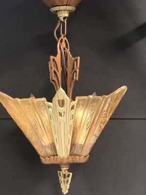 ANTIQUE VINTAGE 1920'S ART DECO SLIP SHADE CHANDELIER - Image 1 of 3