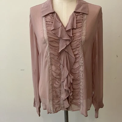 VTG Women’s Silk Ruffle Front Sheer Blouse Lace Sz. 10 Purple Button Down Preppy - Image 1 of 4