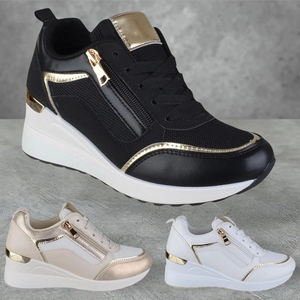 Womens Ladies Lace Up Wedge Heel Platform Trainers Pumps Sneakers Shoes Size - Image 1 of 1