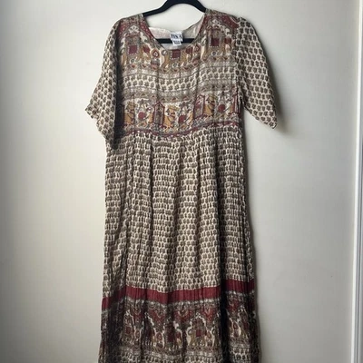 Maxi Vestido Vintage Años 70 Indio Algodón Gasa Bloque Estampado Egipcio Hippy Boho Talla M Foto 1 de 4