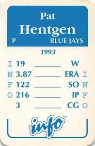 Pat Hentgen 1994 INFO BASEBALL Spielkarte - Toronto Blue Jays - Bild 1 von 2