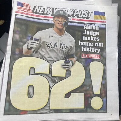 🔥🔥⚾️⚾️10/05/22 New York Post. Aaron Judge Hits 62!! HOME RUN HISTORY⚾️⚾️🏟️ - Image 1 of 2