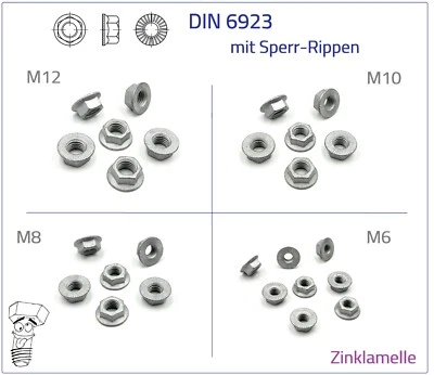 Flanschmutter DIN 6923 M6 M8 M10 M12 Kl.10 10.9 Zinklamelle mit Sperr-Rippen - Bild 1 von 4