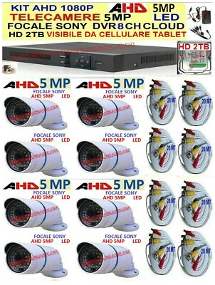 KIT 1080P VIDEOSORVEGLIANZA AHD 8 TELECAMERE 5MP SONY +DVR+HD 2TB + CAVETTERIA - Immagine 1 di 4