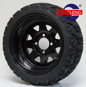 (4) GOLF CART 12"x7" BLACK STEEL WHEELS/RIMS and 18"x8.5"-12" ALL-TERRAIN TIRES - Picture 1 of 3