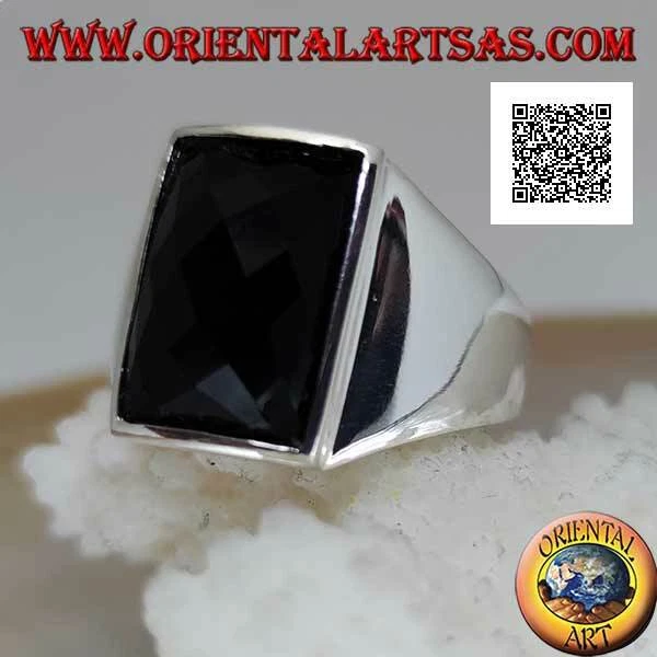 Anello in Argento 925‰onice sfaccettata rettangolare rialzata su montatura lisci - Immagine 1 di 1