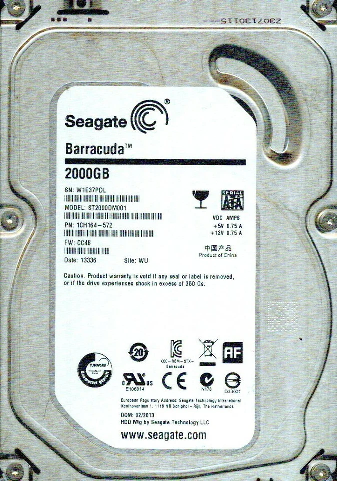 ST2000DM001,  1CH164-572,   CC46,  WU,  W1E3  SEAGATE SATA 2TB  - Image 1 of 1