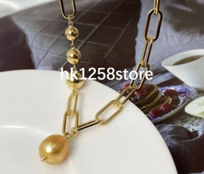 19" Huge Natural South Sea 9x12mm Yellow Pearl Necklace Pendant 14k Gold P - Image 1 of 4