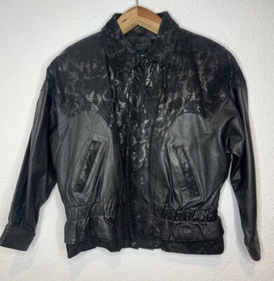 Chaqueta de cuero negra vintage para mujer Wilson talla M retro hombreras Foto 1 de 4