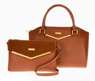 Cartera y clutch de cuero de alta costura JOY & IMAN con detalle de terciopelo coñac Foto 1 de 3