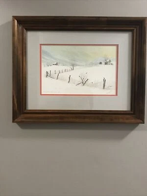 Larry Dodson Enmarcado Y Enmarañado La Primera Caída de Nieve Firmado. Acuarela 16” X 12.5 Foto 1 de 4