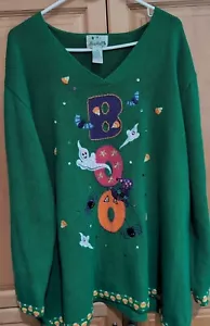 The Quacker Factory Women Sweater 3x Green Halloween Boo Ghost Sequin Candy - Picture 1 of 4