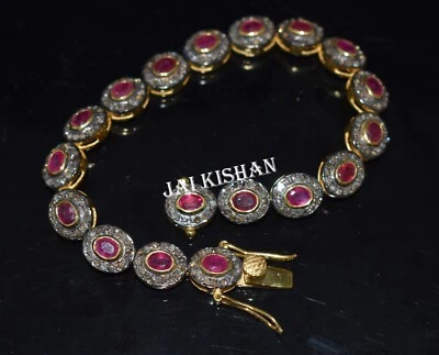 Pave Diamond Ruby Gemstone 925 Sterling Silver Statement Bracelet Jewelry - Image 1 of 4
